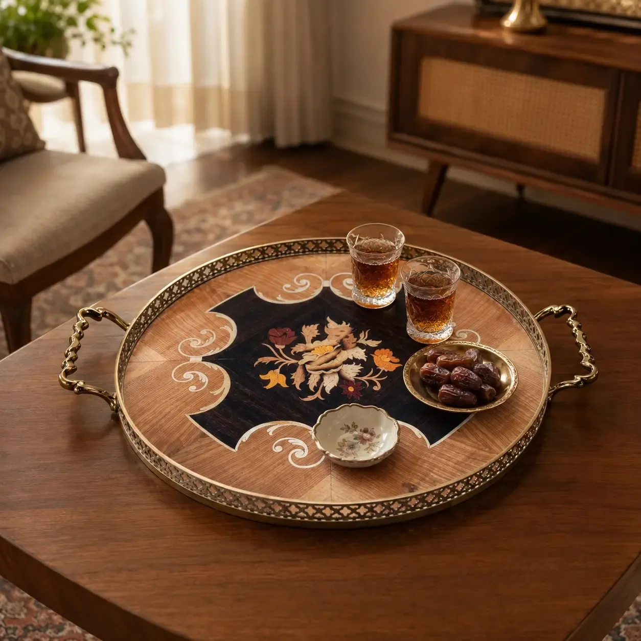 سینی چوبی گرد، سینی چوبی معرق گرد، سینی دست ساز گرد، سینی معرق گرد، سینی اِسمانتیک